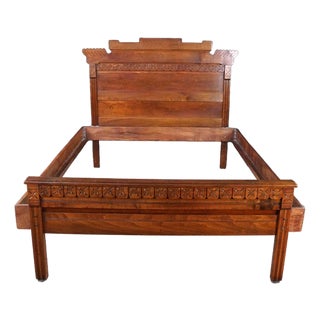 Antique 19th Century Victorian Eastlake Carved Oak Queen Size Bed Frame For Sale