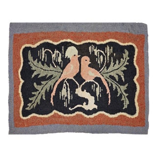Vintage American Hand Hooked Rug, Folk Art, Two Lovebirds in a Tree Design, 2x3 For Sale