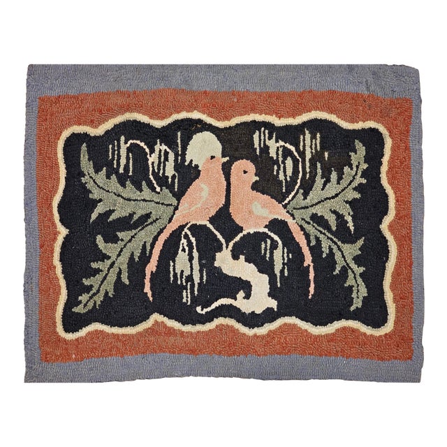 Vintage American Hand Hooked Rug, Folk Art, Two Lovebirds in a Tree Design, 2x3 For Sale
