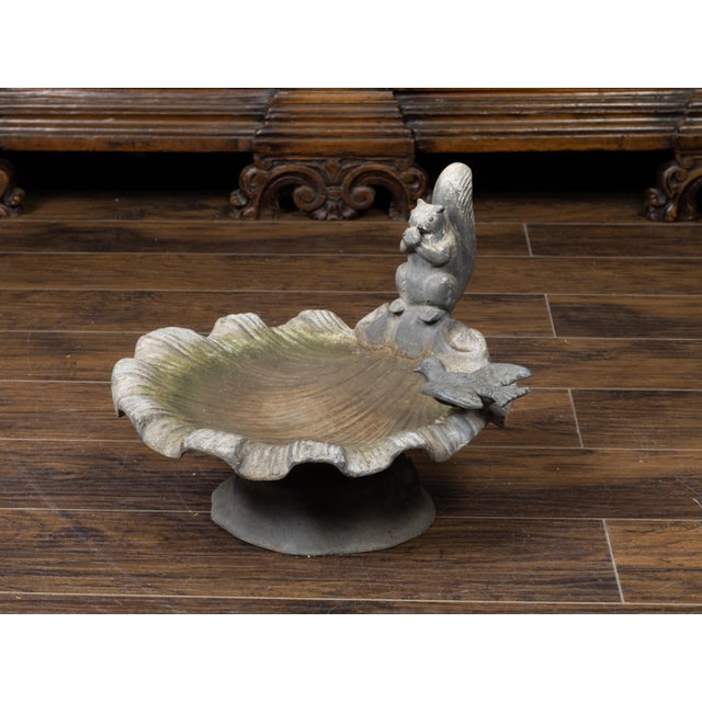 English Midcentury Lead Bird Bath Depicting a Shell with Squirrel and Bird For Sale - Image 9 of 10
