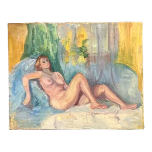 1970’s Vintage Impressionist Female Nude in Interior Painting