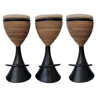 1960s Vintage Italian Rattan and Metal Stools- Set of 3 For Sale
