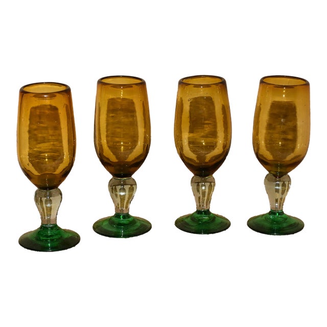 1980s Hand Blown Amber Cocktail Glasses, Made in Mexico- Set of 4 For Sale