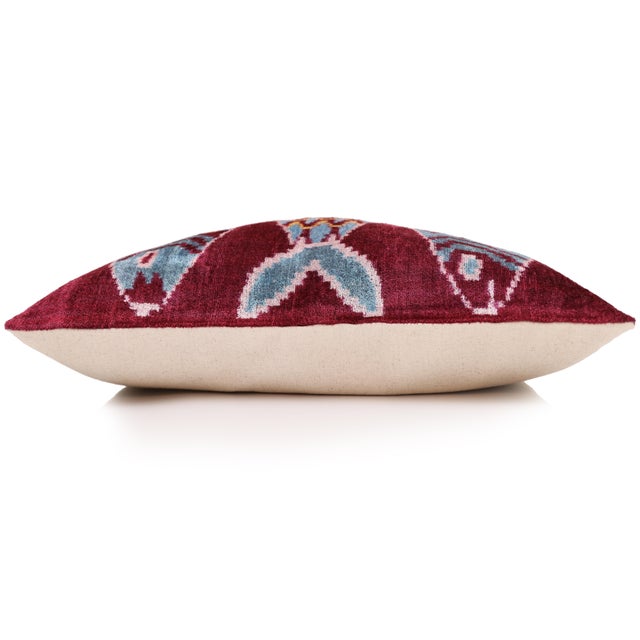 Hand-Knotted Silk Velvet Ikat Lumbar Pillow - 16x24 Burgundy & Sky Blue For Sale In San Francisco - Image 6 of 8