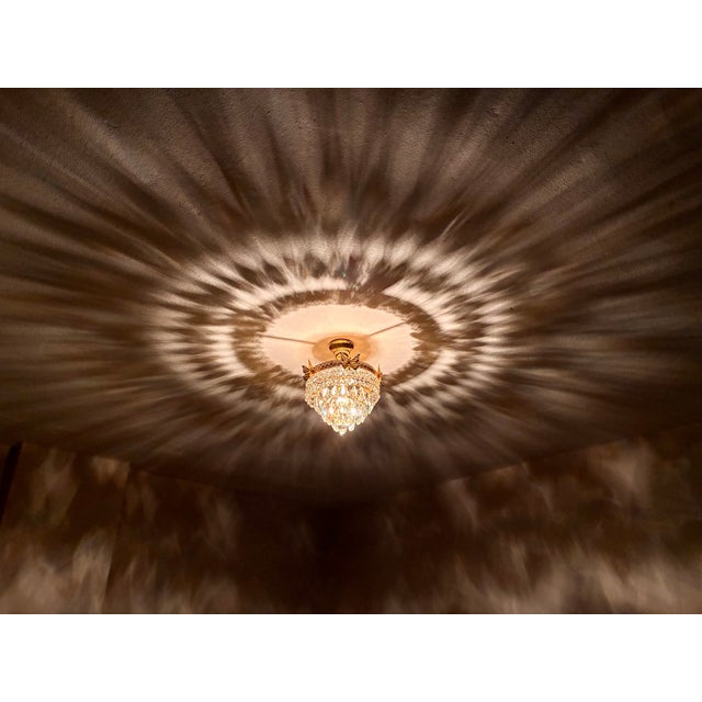 Glass Vintage Brass Butterfly Flush Mount Light, Vintage Hand-Painted Light Green Crystal Basket Chandelier, Dramatic Radial Shadow Display For Sale - Image 7 of 15
