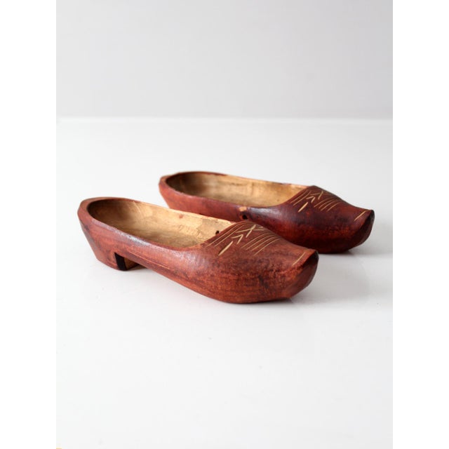 Brown Vintage Folk Art Carved Wood Clogs For Sale - Image 8 of 12