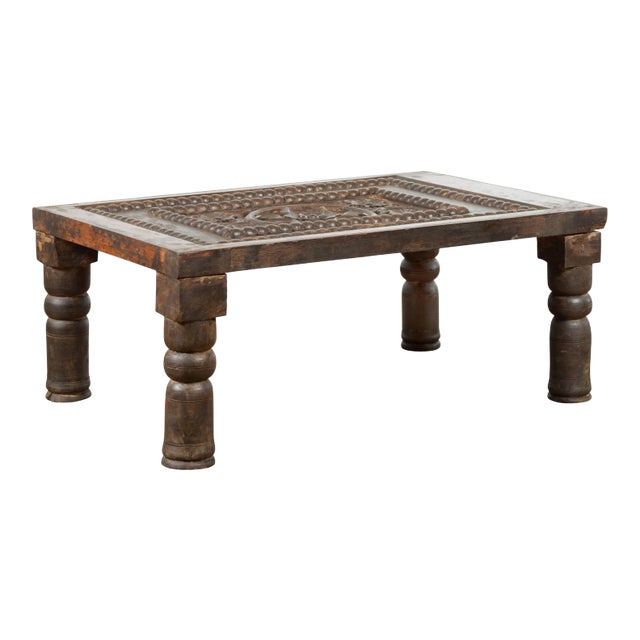 Indian 19th Century Small Wooden Coffee Table with Carved Floral Motifs For Sale