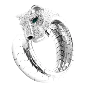 Cartier Panther 18k White Gold Diamond Emerald Onyx Band Ring Cert., size 6.25