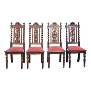 Set 4 Mid 20th C. Jacobean Style Carved and Barley Twist Oak Upholstered Chairs For Sale