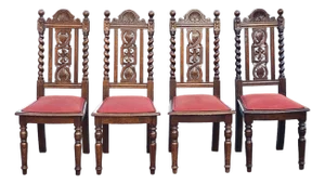 Set 4 Mid 20th C. Jacobean Style Carved and Barley Twist Oak Upholstered Chairs