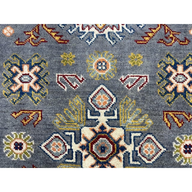 Slate Gray Kazak Style Rug With Floral Medallions and Blue Border, 3'3" X 4'9" For Sale - Image 4 of 13
