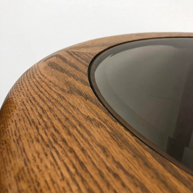 Wood Vintage Lou Hodges-Style Round Solid Oak Side Table With Beveled Smoked Glass, 1980s For Sale - Image 7 of 8
