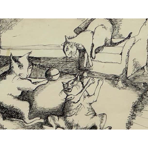 "Playful Pets" Satirical Ink Drawing of Three Cats For Sale - Image 4 of 7