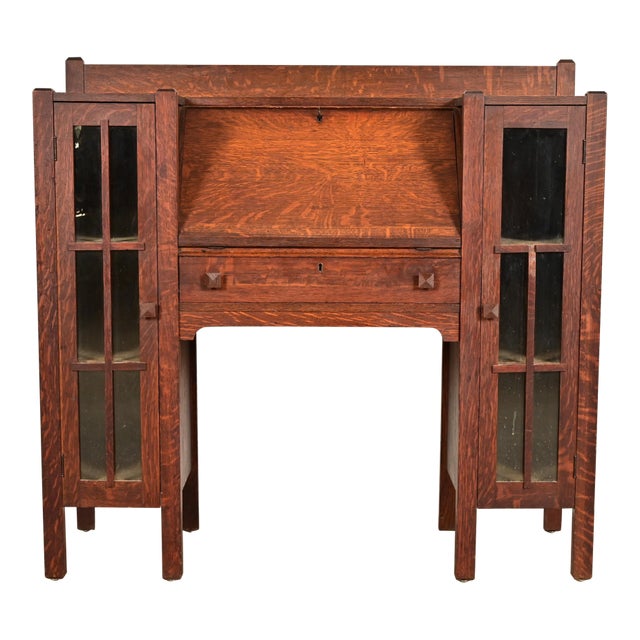 Stickley Brothers Style Antique Mission Oak Arts & Crafts Double Bookcase With Drop Front Secretary Desk, Circa 1910 For Sale