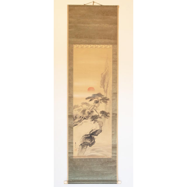 Excellent vintage Japanese silk scroll painting "Rising Sun and Pine Tree" by Miyata Jisen (1903–1986). Signed and sealed...
