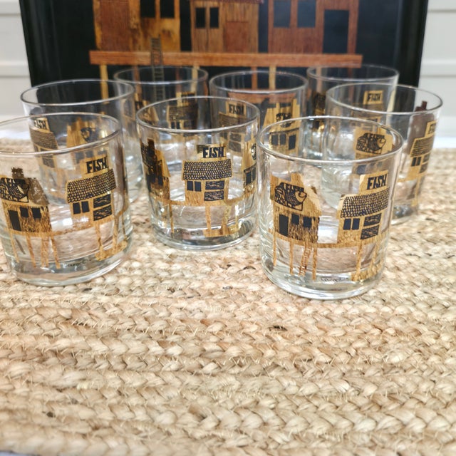 Couroc of Monterey Fish Motif Serving Tray + 8 Rocks Glasses Barware Set, C. 1960 For Sale - Image 12 of 18