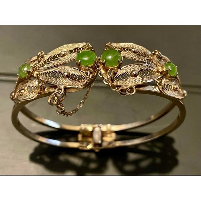 Mid-Century Modern Vintage Sorrento Gold-Washed Sterling Silver and Jade Filigree Hinged Bangle For Sale - Image 3 of 4