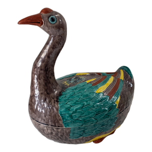 Late 20th Century Chinese Export Style Polychrome Ceramic Duck or Swan Form Tureen