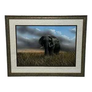 1990s Large British Painting Gray Bull Elephant About to Charge Kruger National Park Follower of Dav
