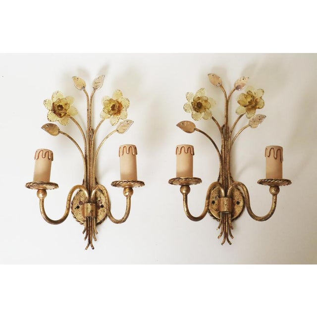 Golden Wall Lamps with Daffodil Flowers Made of Murano Glass, 1960s, Set of 2 For Sale - Image 9 of 12