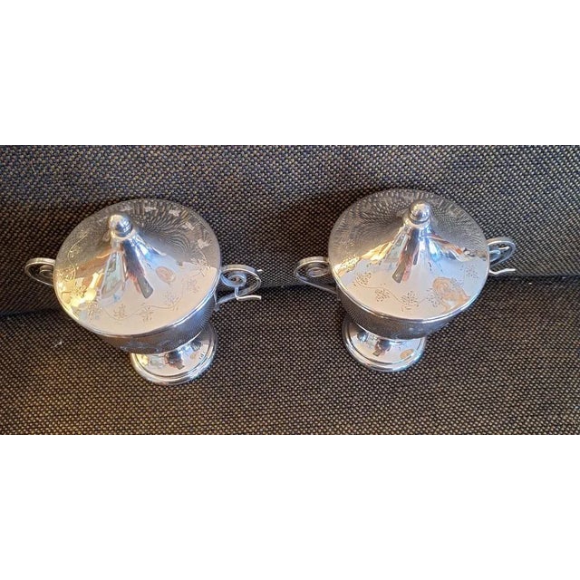 German Cup-Shaped Lidded Boxes in Silver-Plated Metal with Spoon Holders and Handcrafted Decor by Robbe & Berking, 1960s, Set of 2 For Sale - Image 3 of 7