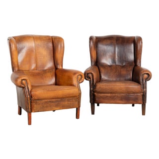 Pair of 20th Century Danish Vintage Brown Leather Wingback Club Chairs For Sale