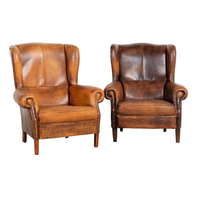 Pair of 20th Century Danish Vintage Brown Leather Wingback Club Chairs For Sale