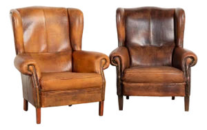 Pair of 20th Century Danish Vintage Brown Leather Wingback Club Chairs