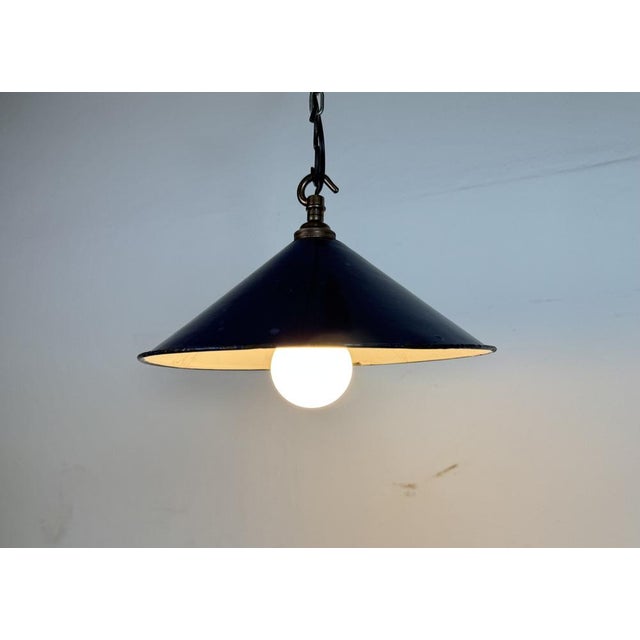 Metal British Industrial Dark Blue Enamel Factory Pendant Lamp, 1950s For Sale - Image 7 of 15