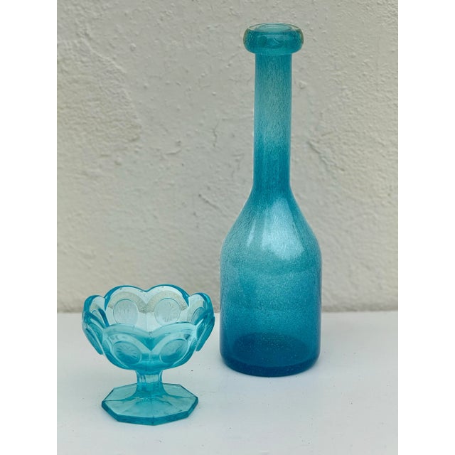 1950s Vintage Art Glass Bowl: Cerulean Turquoise Vintage Mid Century Coin Dot Art Glass Nut Bowl For Sale - Image 5 of 5