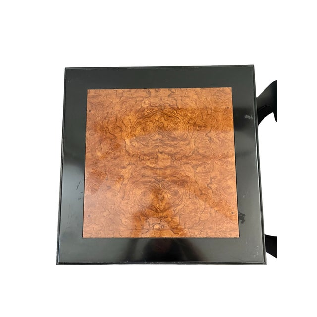 Chinoiserie Vintage Century Furniture Asian-Inspired Black Lacquer & Burl Wood End Tables - A Pair For Sale - Image 3 of 11