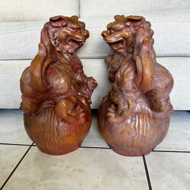 Pair Large 19" Terracotta Foo Dogs Chinese Guardian Lions Vintage Heavy For Sale - Image 12 of 17
