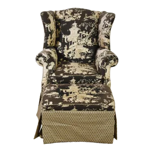 Baker Heritage Chippendale Wing Chair With Matching Ottoman Chinoiseries Fabric