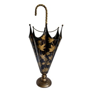 1960s Italian Figurative Black & Gold Floral Tole Umbrella Stand For Sale