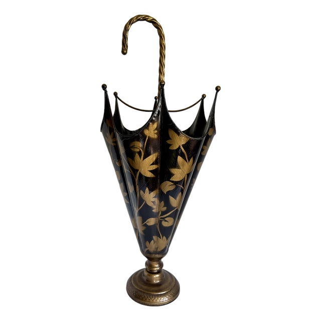 1960s Italian Figurative Black & Gold Floral Tole Umbrella Stand For Sale