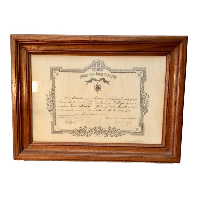 Early 20th Century French Wood Framed Order of Maritime Merit Certificate For Sale