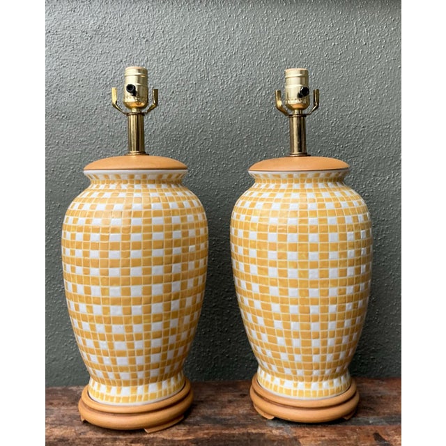 Vintage Glazed Ceramic Grid Lamps - A Pair For Sale - Image 12 of 12