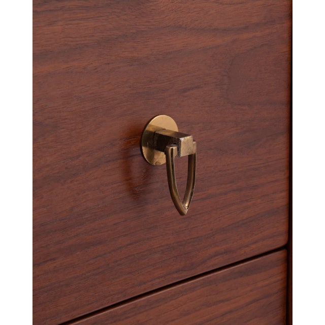 T.H. Robsjohn Gibbings Widdicomb Walnut Five Drawer Chest Klismos Leg Book Matched For Sale - Image 10 of 13