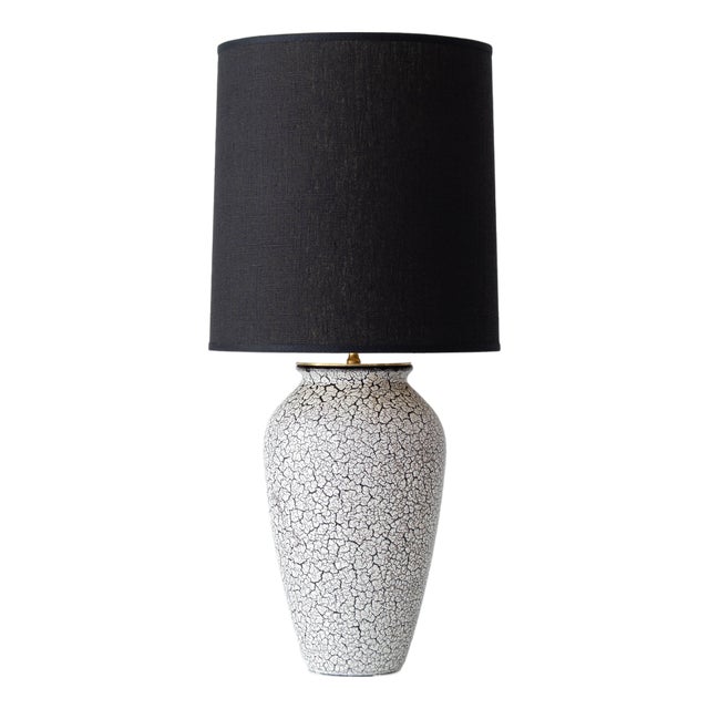 Vintage Jasba Cortina Black and White Crackle Ceramic Table Lamp, New Black Linen Lampshade For Sale