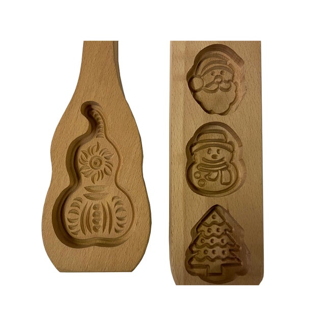 2020s 2 Pieces Wood Santa Tree Gourd Pattern Cake Soap Mold Board For Sale - Image 5 of 6