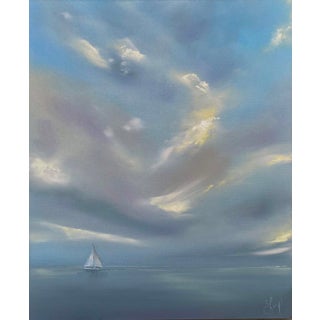 The Answer by Leigh Ann Van Fossan | Oil on gallery-wrap canvas Sailboat on calm water under cloudy sky For Sale