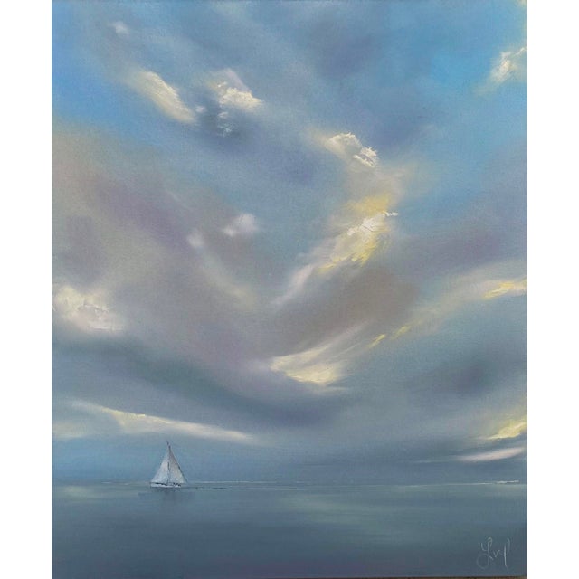 The Answer by Leigh Ann Van Fossan | Oil on gallery-wrap canvas Sailboat on calm water under cloudy sky For Sale