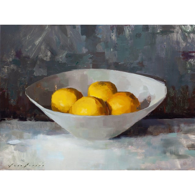 "Quiet Lemons" is an oil on panel painting by Jon Doran, completed in 2026. A wide white bowl holds a cluster of bright...