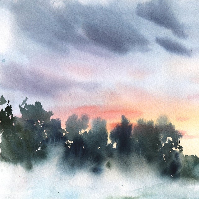 2020s Sunrise - Original Colorful Sunrise Landscape Watercolor Painting on Paper For Sale - Image 5 of 6