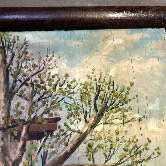 1950’s Original Impressionist Tall Tree & Cityscape Painting For Sale - Image 4 of 6