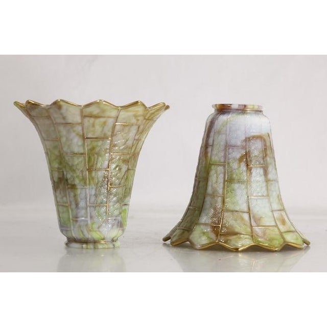 Signed Oscar Bach Bronze 2-Light Table Lamp with Quality Art Glass Shades, Good Patina. Both Shades All Good, No Flaws....