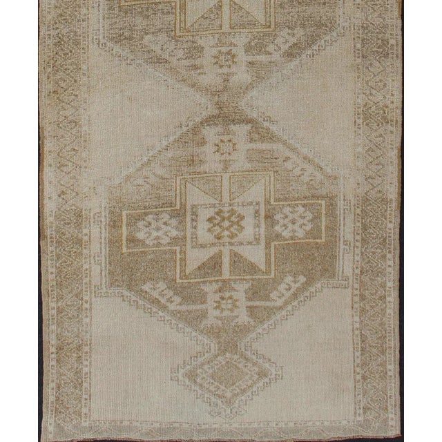 Turkish Vintage Hand Knotted Oushak Gallery Runner With Three Medallion Design in Taupe, Light Brown For Sale - Image 3 of 12