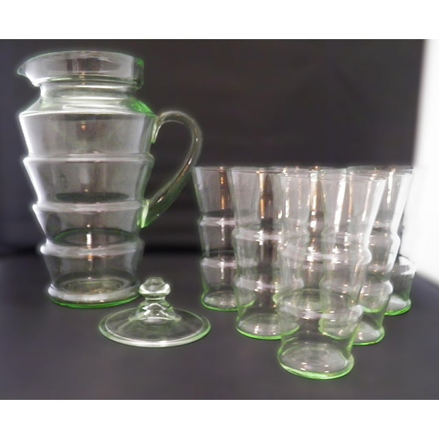 Antique Art Deco Dunbar Green Uranium Glass Pitcher 6 Tumblers Large 8pc Set For Sale - Image 9 of 18
