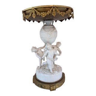 Antique Porcelain Three-Putti Centerpiece With Gilt-Metal Tray, 17” For Sale