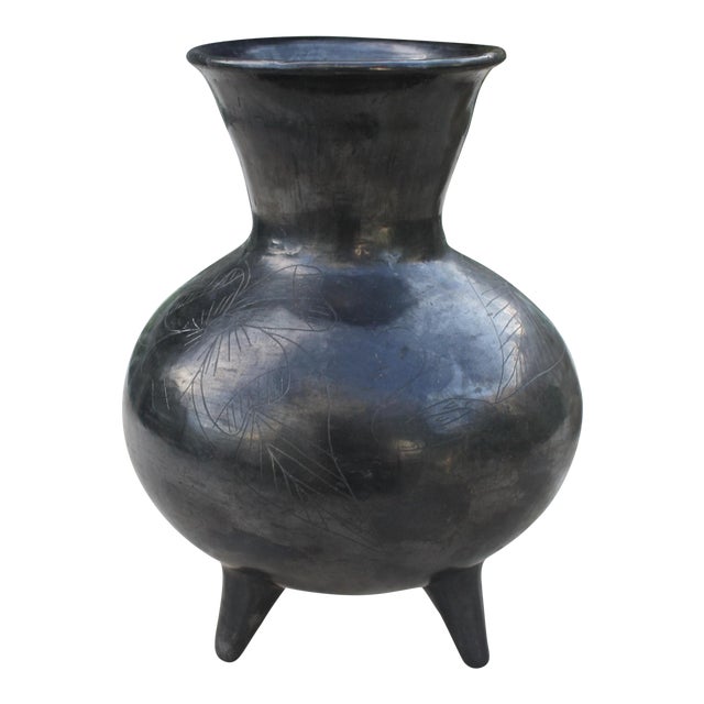 Vintage Three Footed Oaxaca Mexico Black Art Pottery Vase Signed Dona